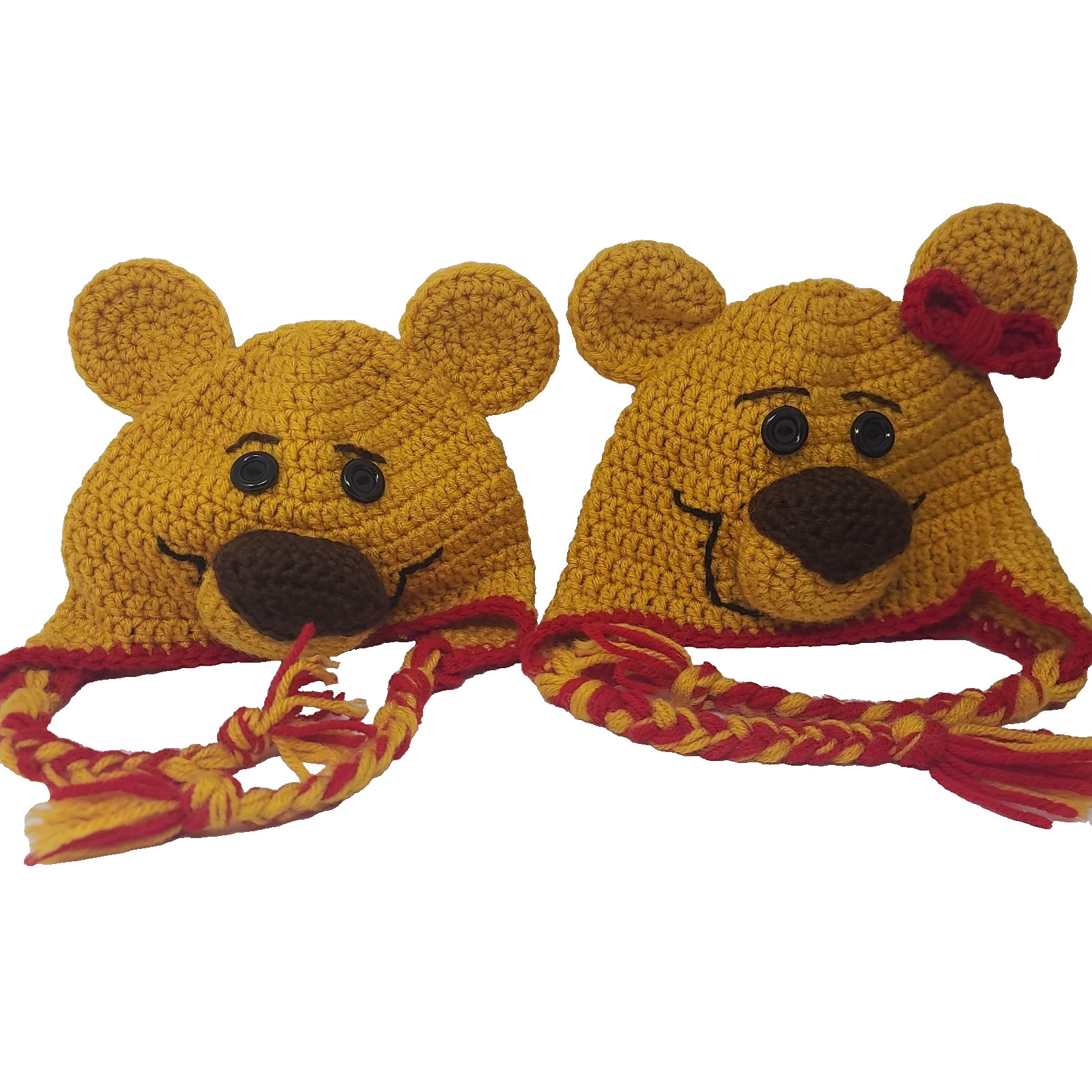 Crochet Bear Hats Ears Face Pooh-like Tassels Boy Girl Set Of 2 Winter Handmade