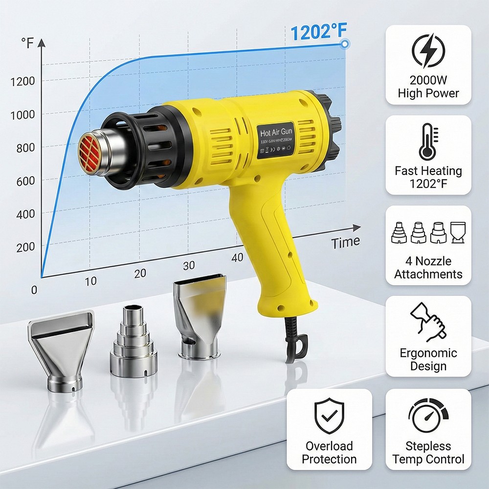 2000W Heavy Duty Heat Gun Kit 1202℉ Hot Air Gun 4 Nozzles Vinyl Paint Stripper
