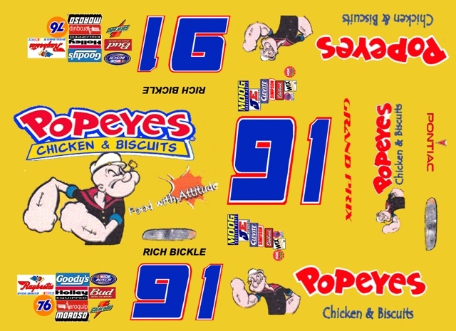 #91 Rich Bickle Popeeye Chicken Pontiac 1/24th Scale Nascar Waterslide Decals