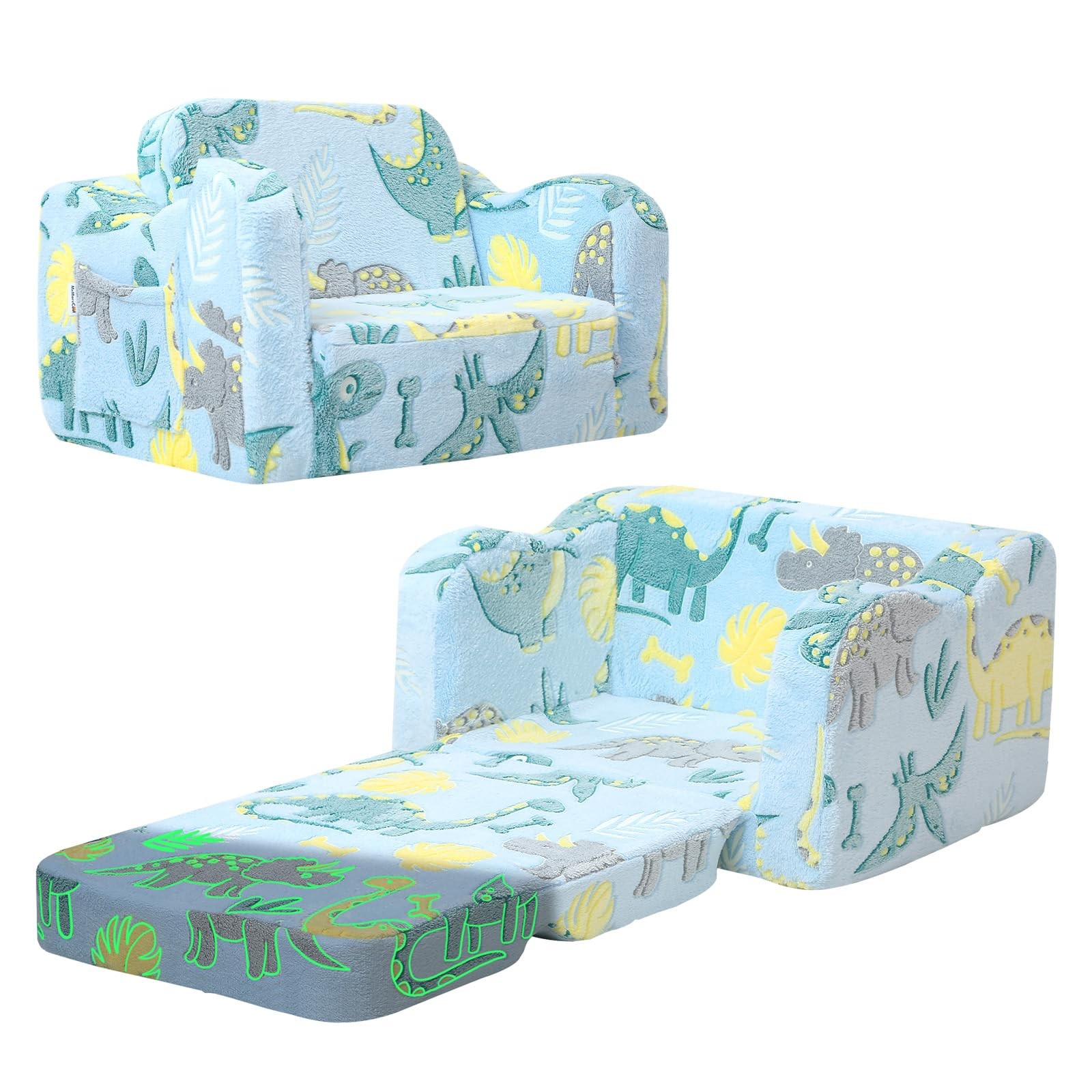 Glowing Dinosaur Kids Chair, 2-in-1 Convertible Kids Couch Fold Out to Lounge...