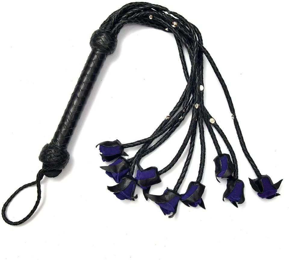 Genuine Cowhide Leather Flogger with Red Rose Design Steel Studded Handle