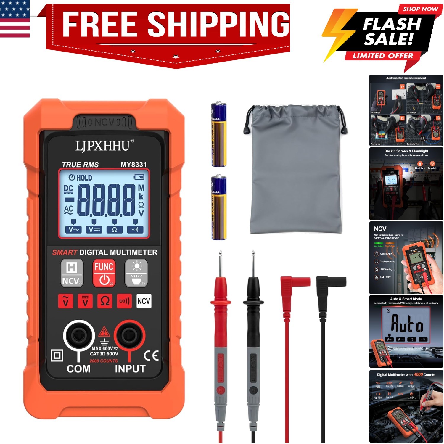 Digital Multimeter Volt Meter TRMS 4000 Counts Auto-Range NCV Voltage Multi T...