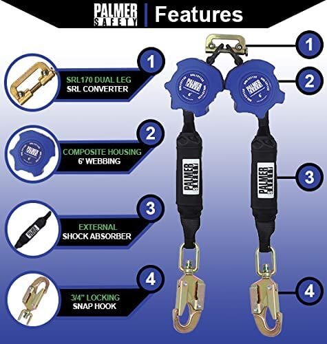 Palmer Safety Fall Protection SRL121132T Twin SRL 6' Lightweight Web with...