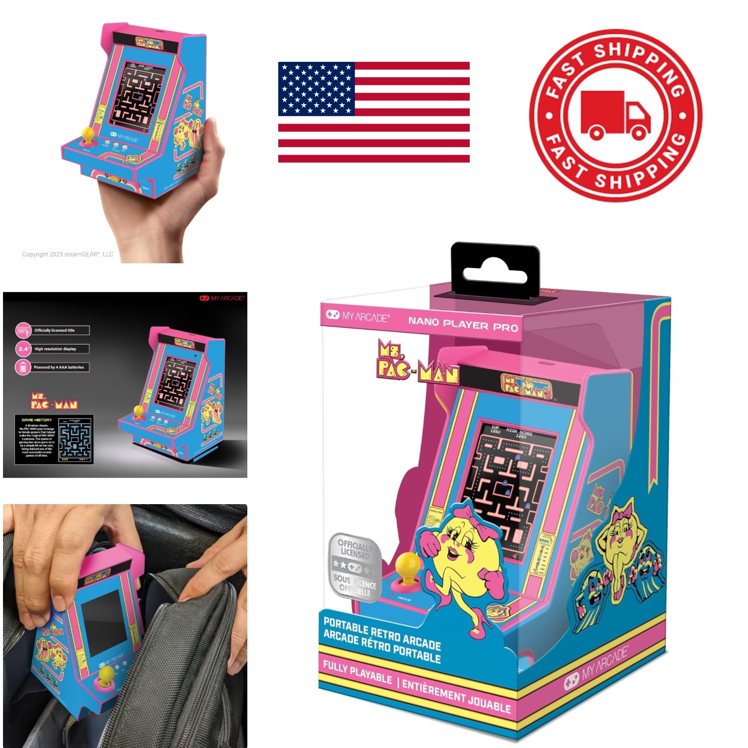 Ms Pac Man Mini Arcade Player 4.8 Inches Portable Retro Game for Kids Adults