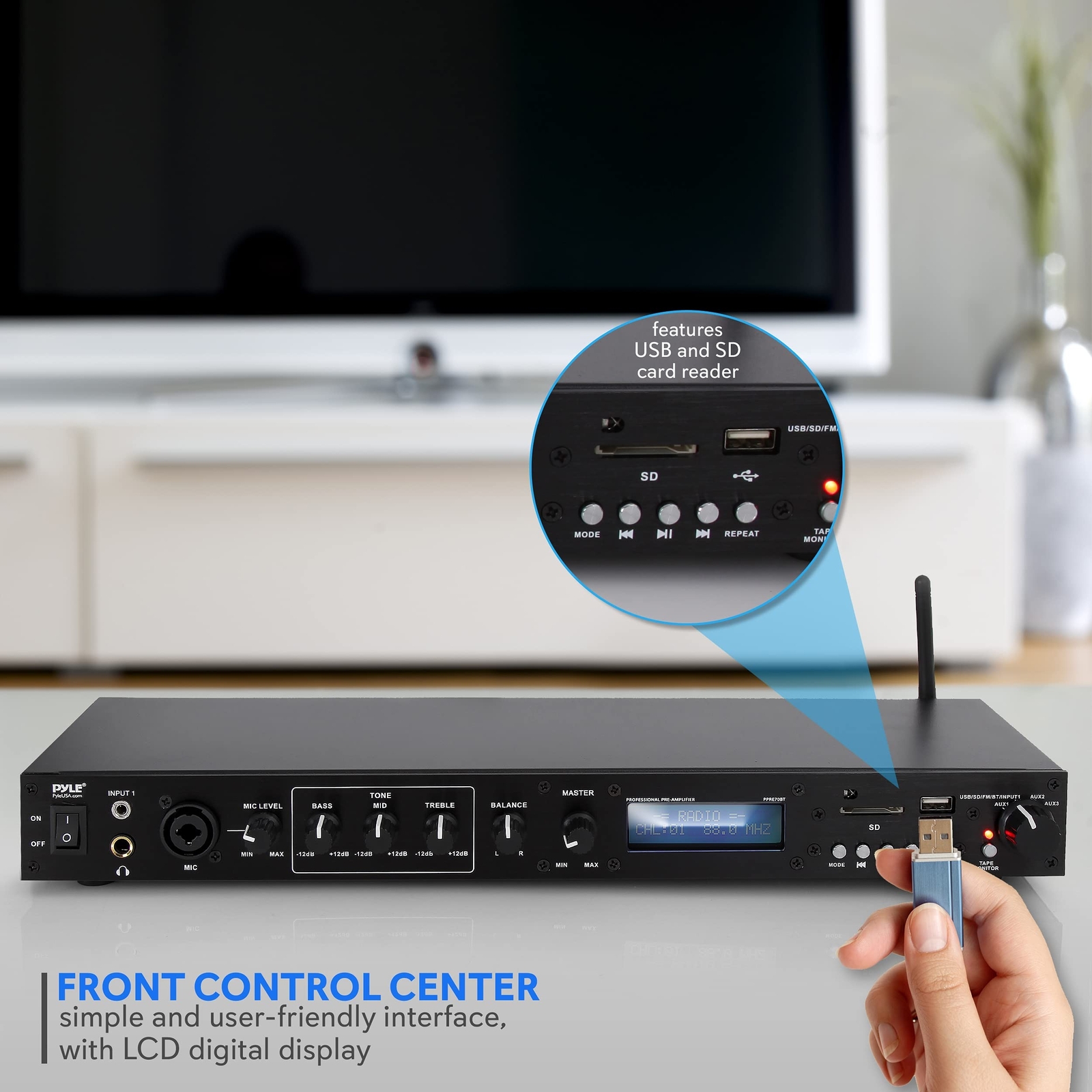 Pyle Rack Mount Studio Pre-Amplifier - Audio Receiver System w/ Digital LCD D...