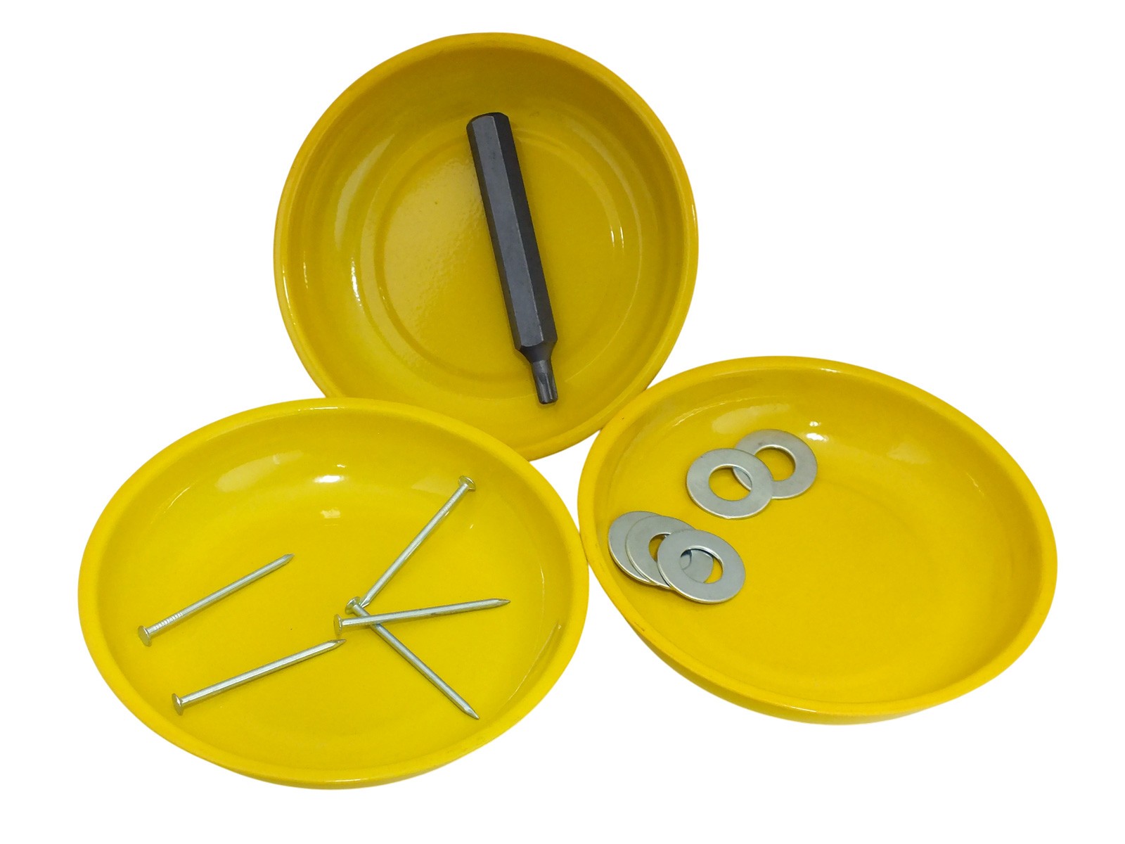 3pc Magnetic Parts Trays Hi-Vis Yellow 100mm 4" Round Dish for Nuts Bolts Screws