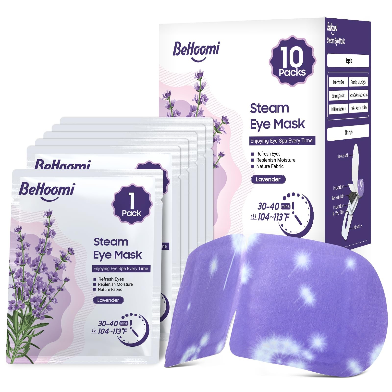BeHoomi Steam Eye Mask, 10 Packs Heated 10 Count (Pack of 1), Lavender