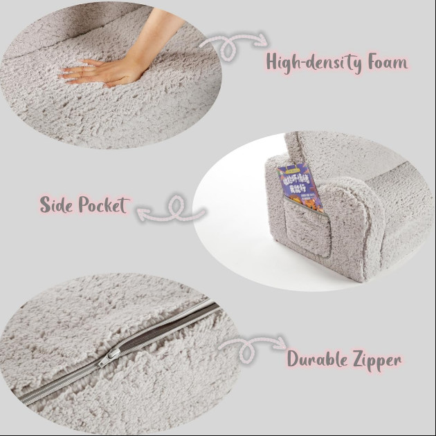 New Kids Extra Wide 2-in-1 Sherpa Chair – Soft Toddler Couch Fold-Out, Grey