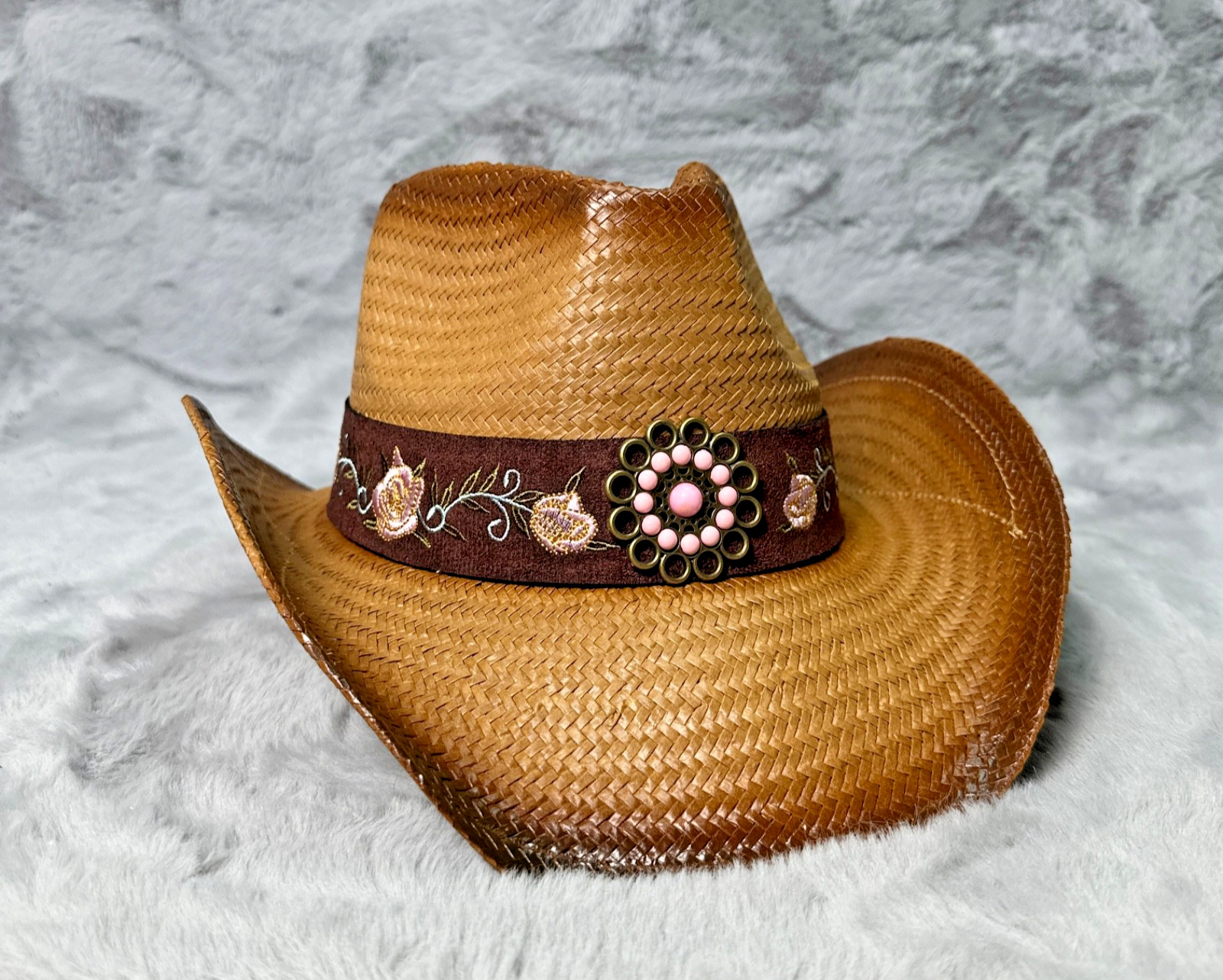 Cowgirl Hat Pink Flower Straw Vintage Leather Western Concert Women's Cowboy Hat