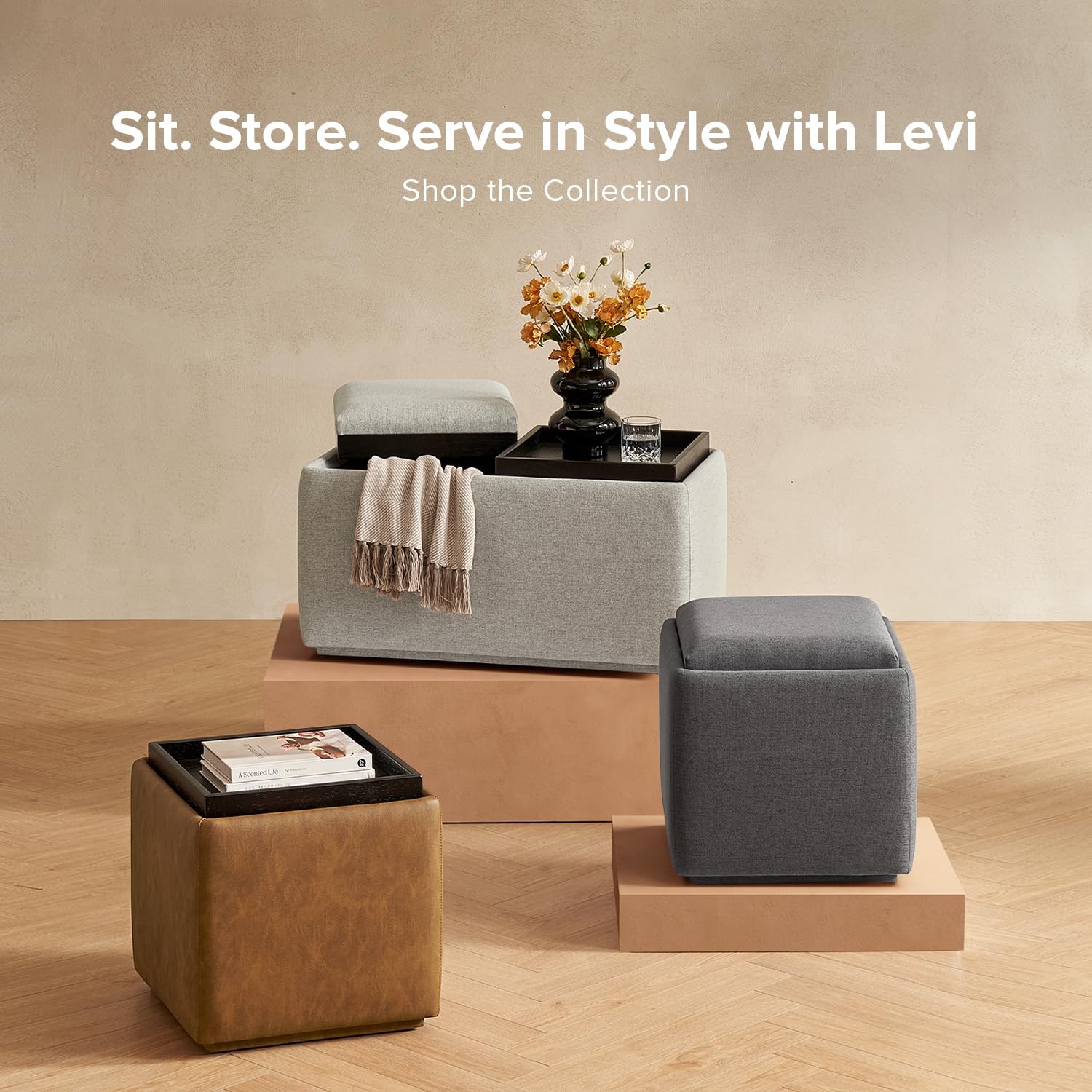 Levi Storage Ottoman with Reversible Tray, Modern Square Chest Coffee Table, ...