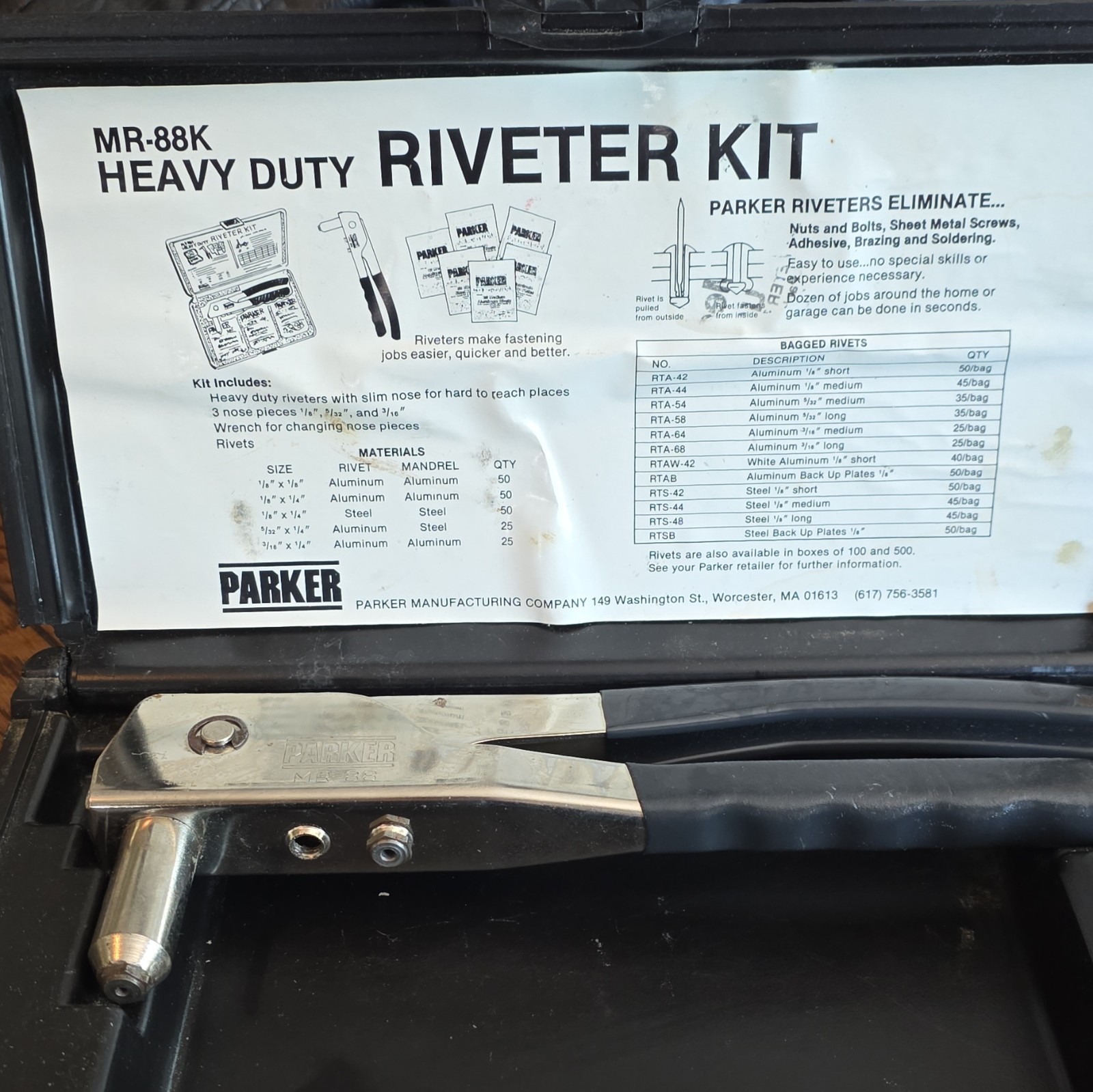 Parker MR-88K Heavy Duty Hand Riveter Kit w/ Case & Rivets 1/8-1/4 in