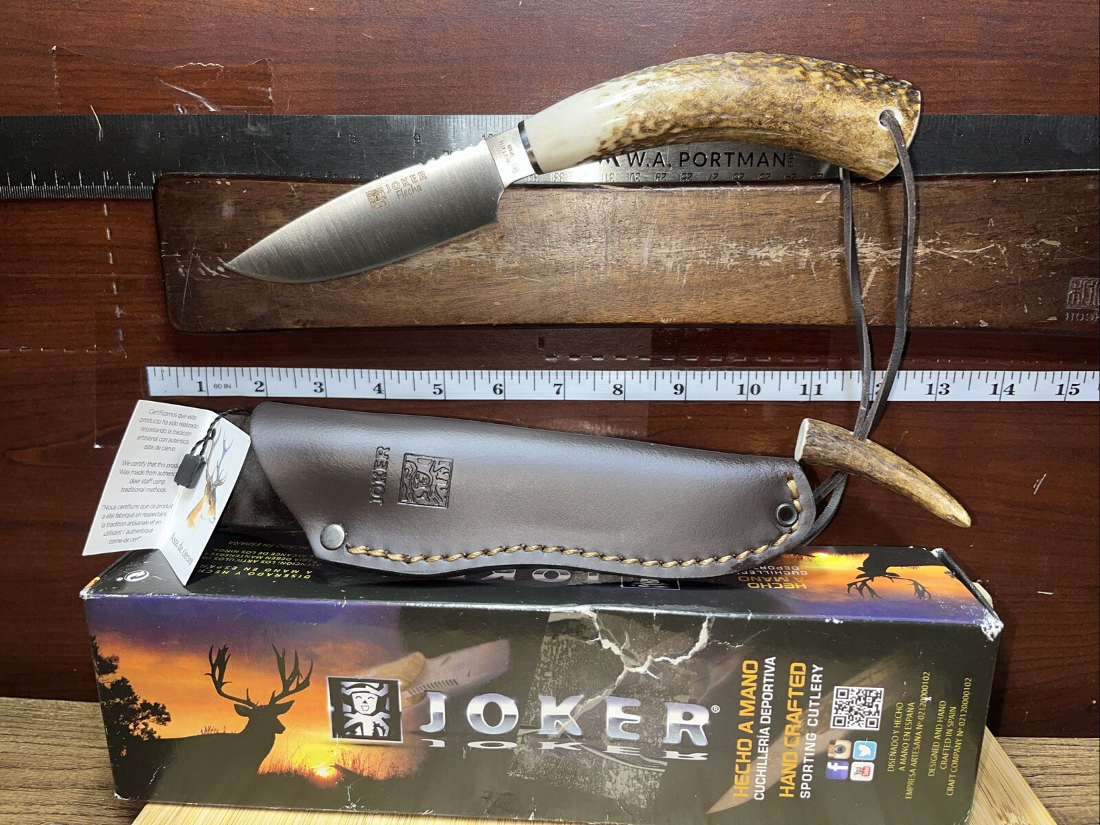 JOKER BRAND FLECHA STAG HANDLE W/ LEATHER SHEATH Beautiful Knife