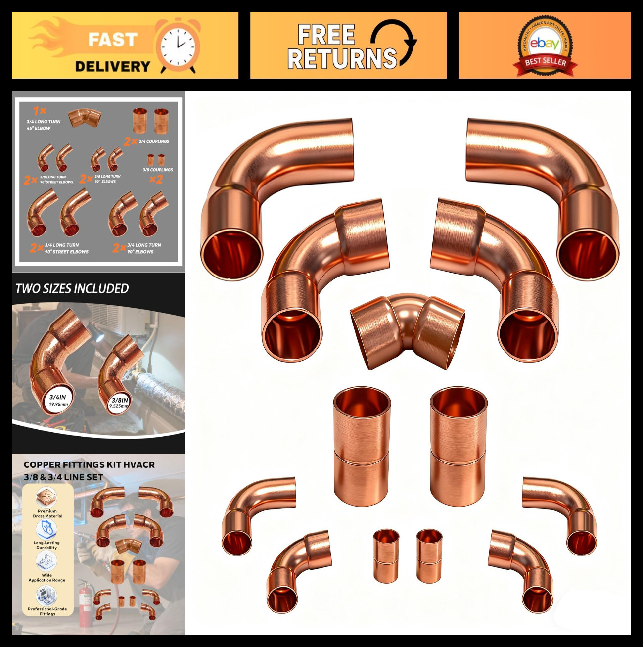 HVAC Copper Fittings Kit 3/8" & 3/4" - AC Line Set Couplings, Elbows & Tubing