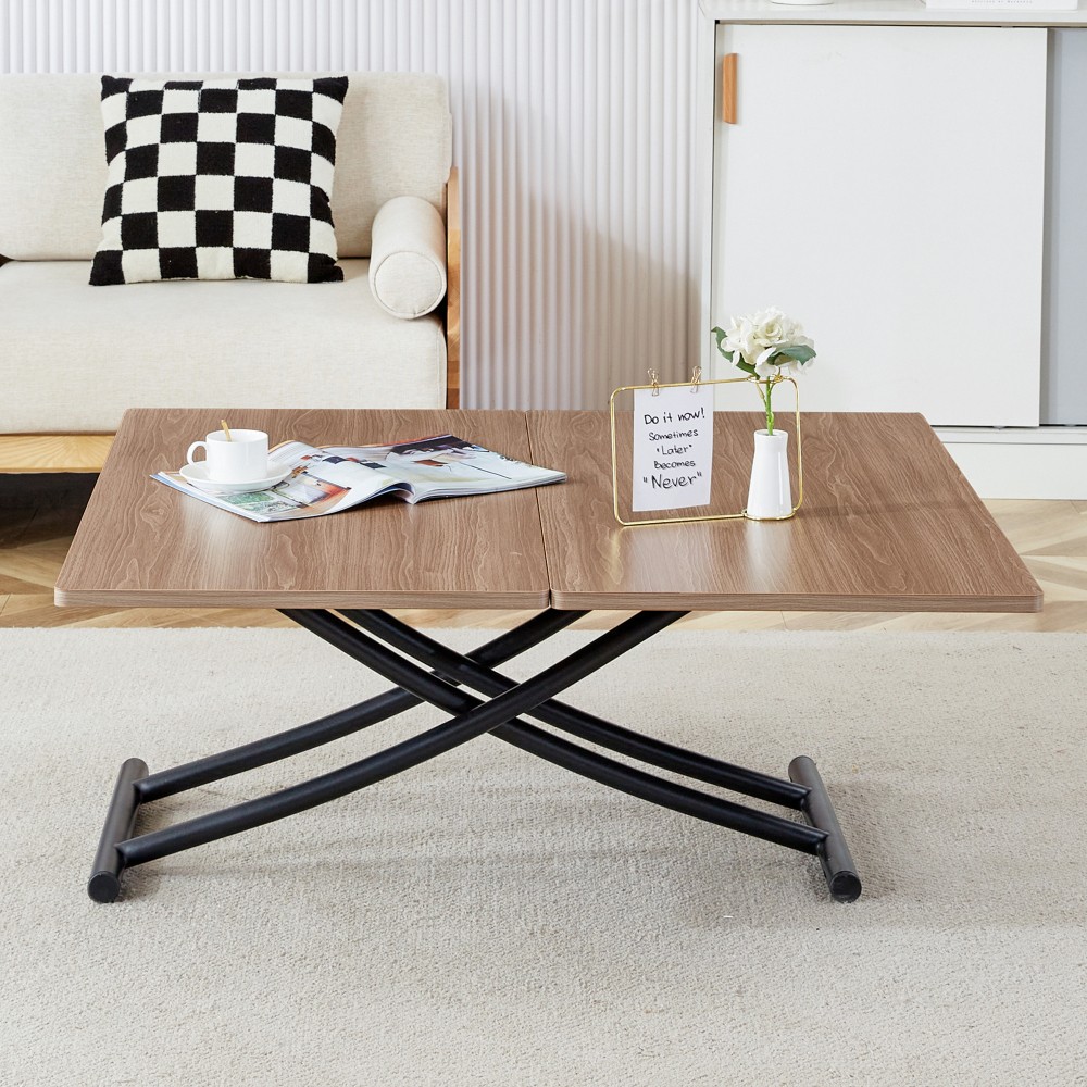 Modern Lift Table, 0.8" MDF Top, Black Metal Legs, Wood Texture