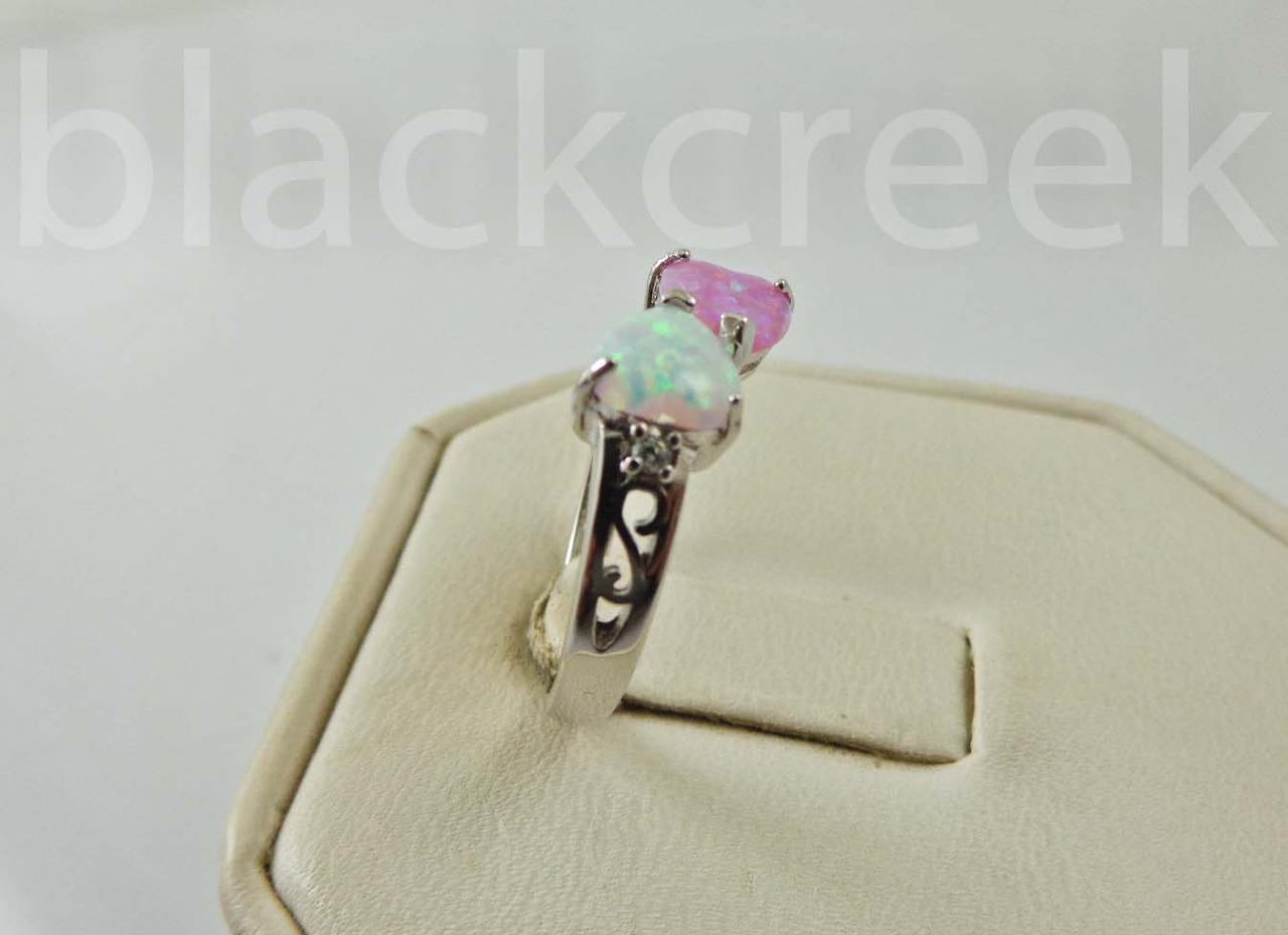 925 Sterling Silver / White / Pink / Two Hearts / Opal~Size 4/5/6/7/8/9/10/11/12