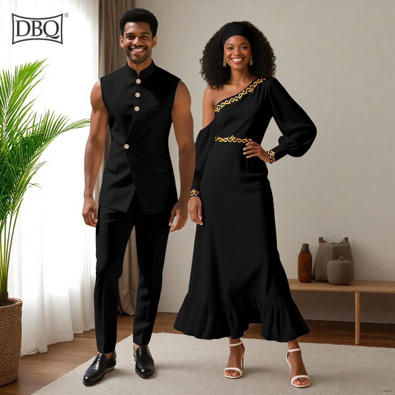 African Couple Matching Cloth Men's Sleeveless Jacket Pants Set Women Maxi Dress