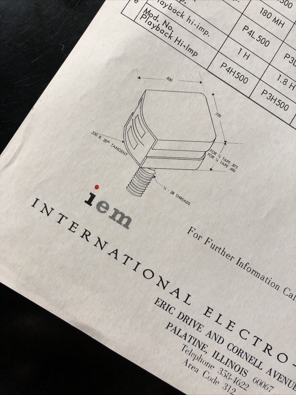 Vintage IEM Pro AUDIO MAGNETIC HEAD SPEC SHEET