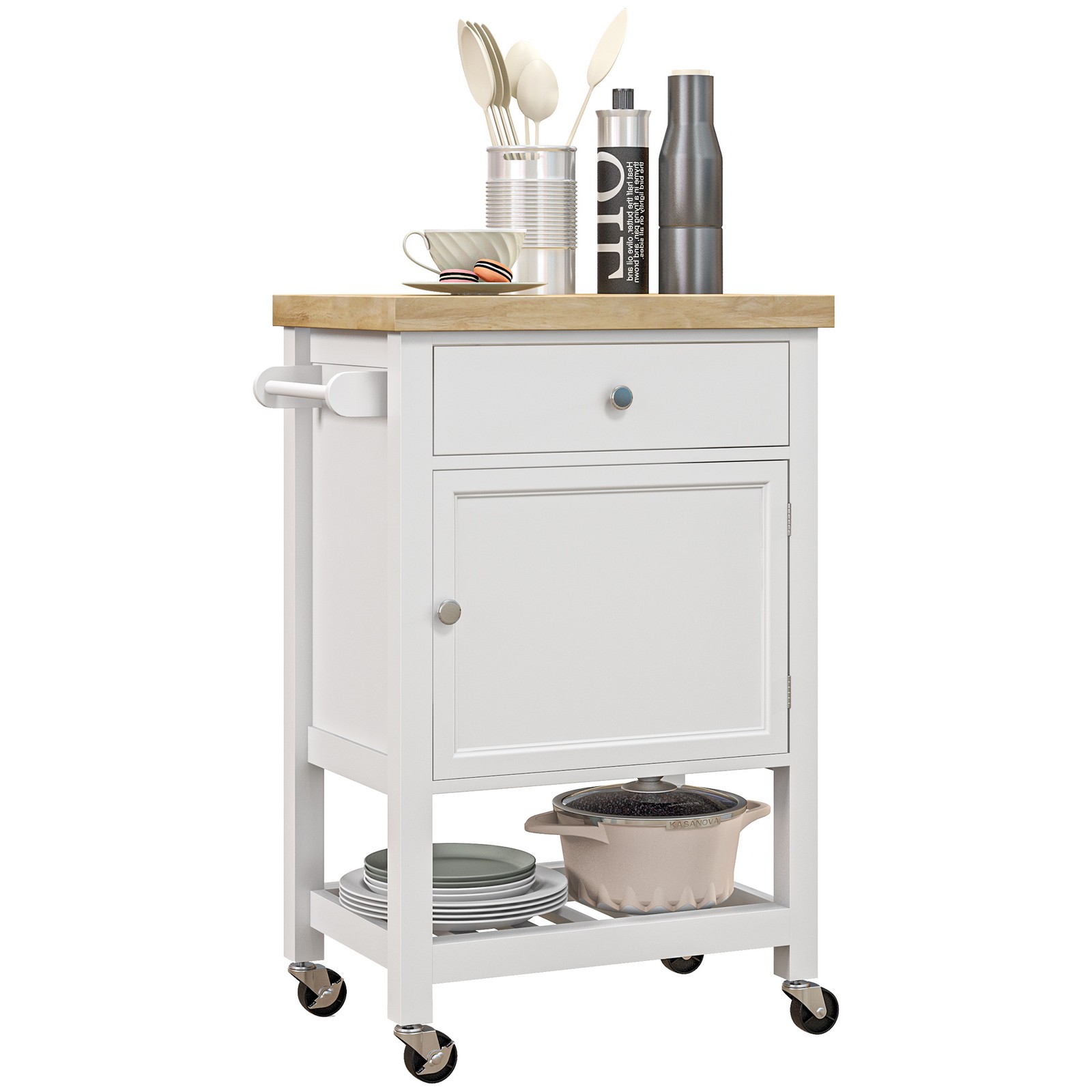 Utility Kitchen Cart, Rolling Kitchen Island with Smooth Rubberwood Top