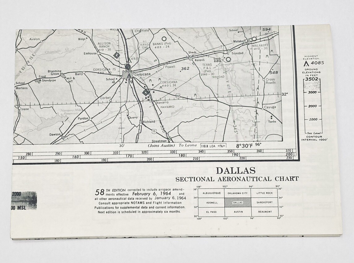 Sectional Aeronautical Chart Map Dallas 58th Edition Feb 6 1964 Vintage