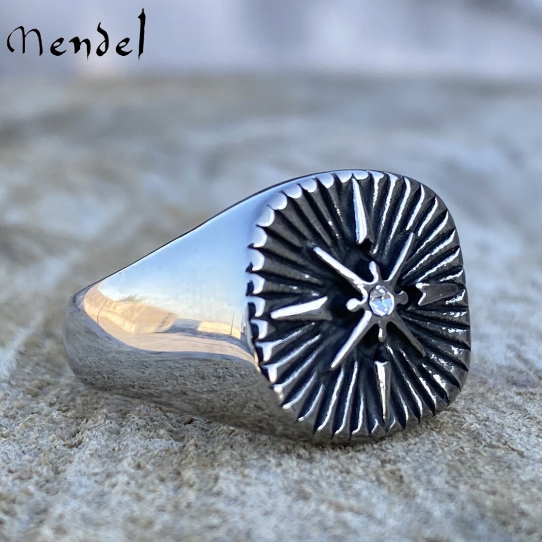 MENDEL Mens Stainless Steel Nautical Biker CZ North Star Ring For Men Size 7-14