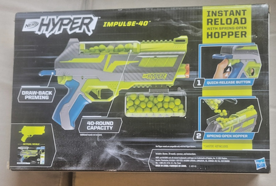 Nerf Hyper Impulse-40 Blaster, 30 Nerf Hyper Rounds, Spring-Open Hopper