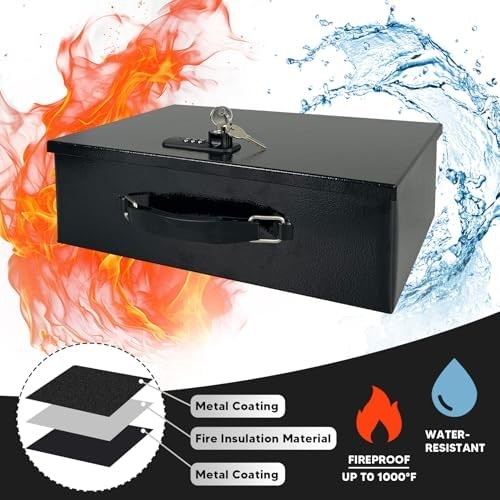 Fireproof Lock Box for Documents, Fire Resistant Safe Fire Safe Box with Dual Co