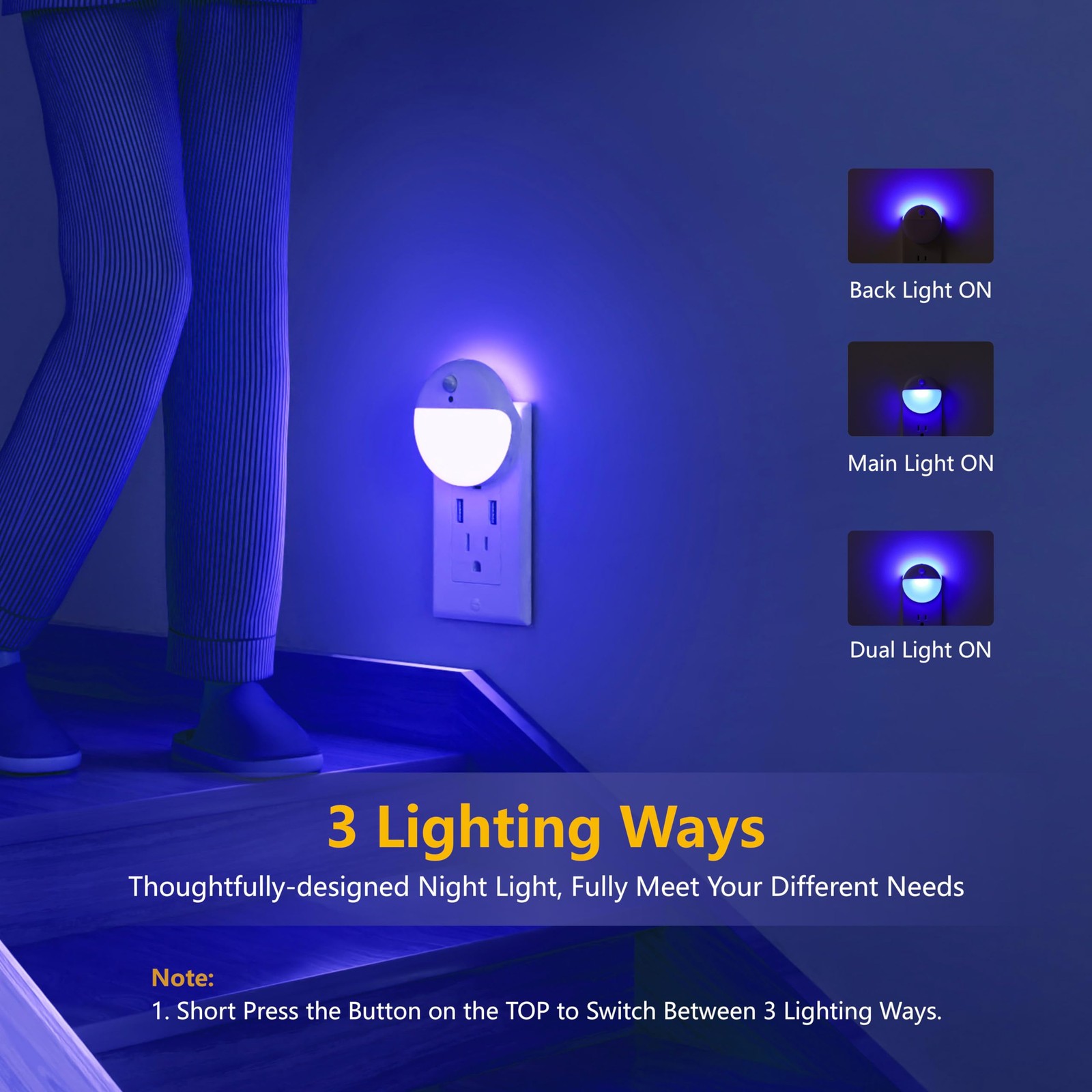 2 Pack Plug in Night Light, Dusk to Dawn, 3 Lighting Ways, Stepless Dimming, ...