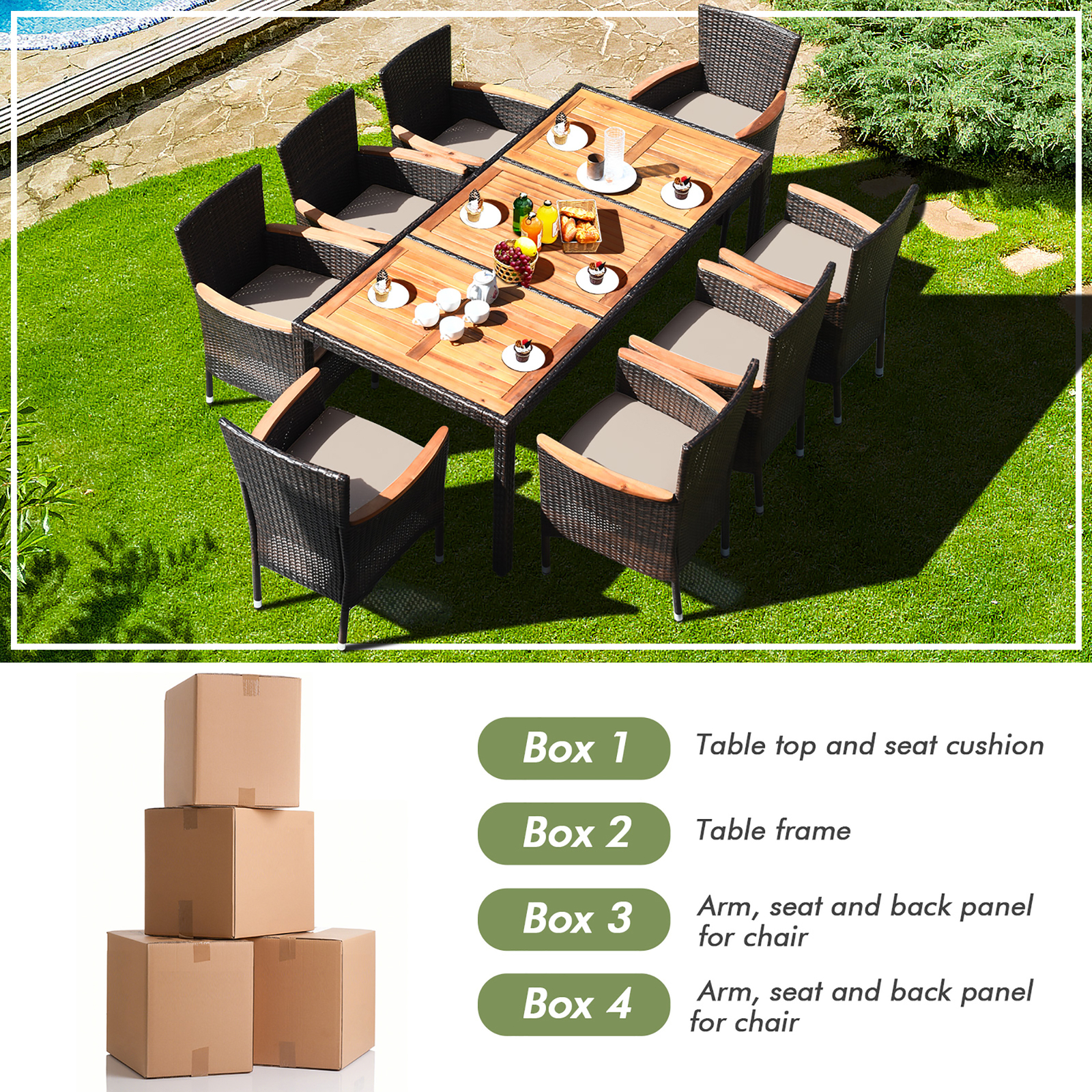 9PCS Rattan Patio Dining Set w/ 8 Stackable Cushioned Chairs Wooden Tabletop