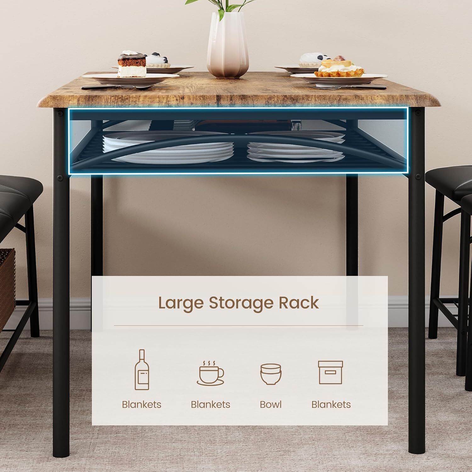 Dining Table Set for 4 with Upholstered Benches and Stools Kitchen Table Storage