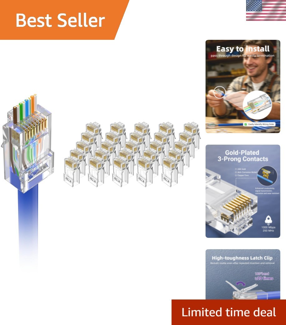 Cat6 RJ45 Pass Through Connectors, Gold Plated 8P8C,  Listed, 25Pcs | 3 Prong...