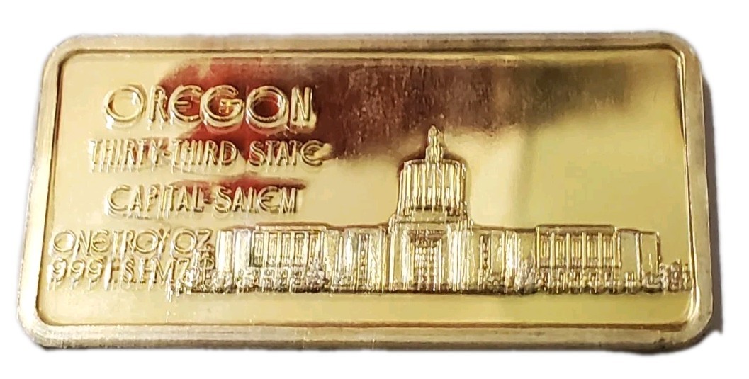 1 Oz Silver 33TH State OREGON Gilded Bar.