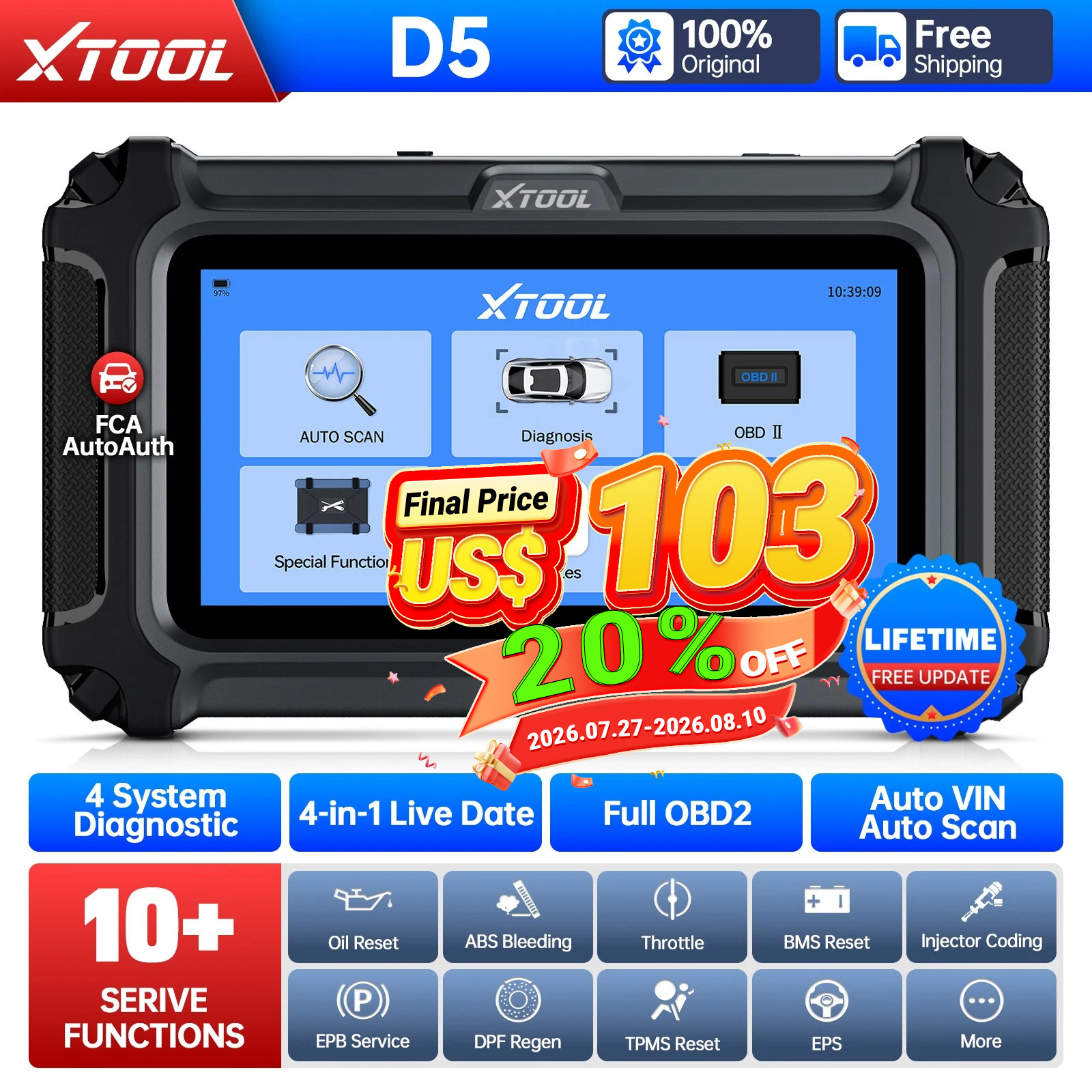 XTOOL D5 OBD2 Scanner Code Reader Diagnostic Tool ABS TCM SRS Engine Oil Reset