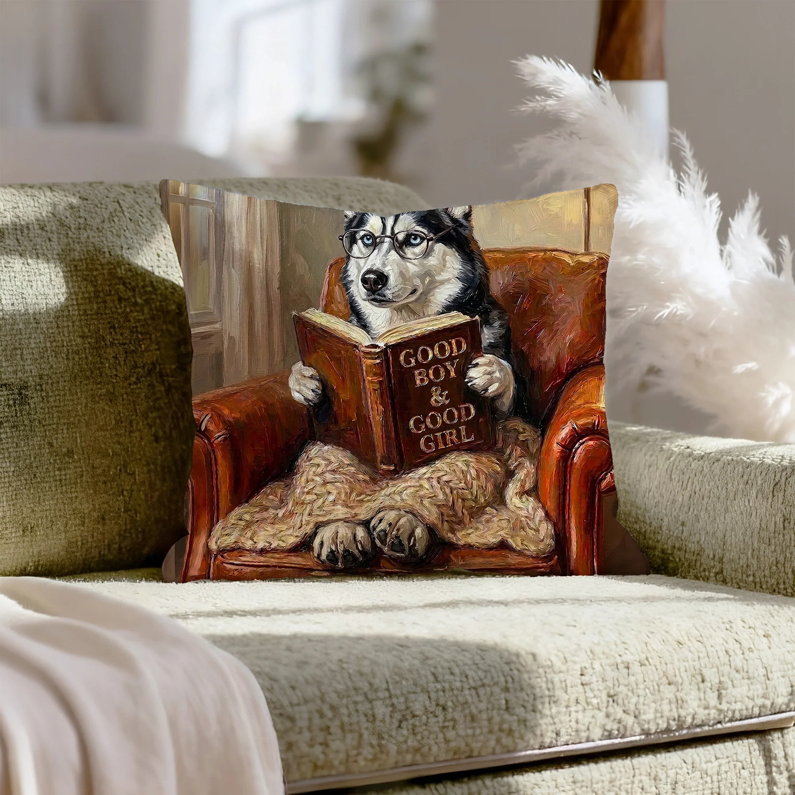 "Evening Read" - Husky Pillow Cover - Dog Lover Home Decor