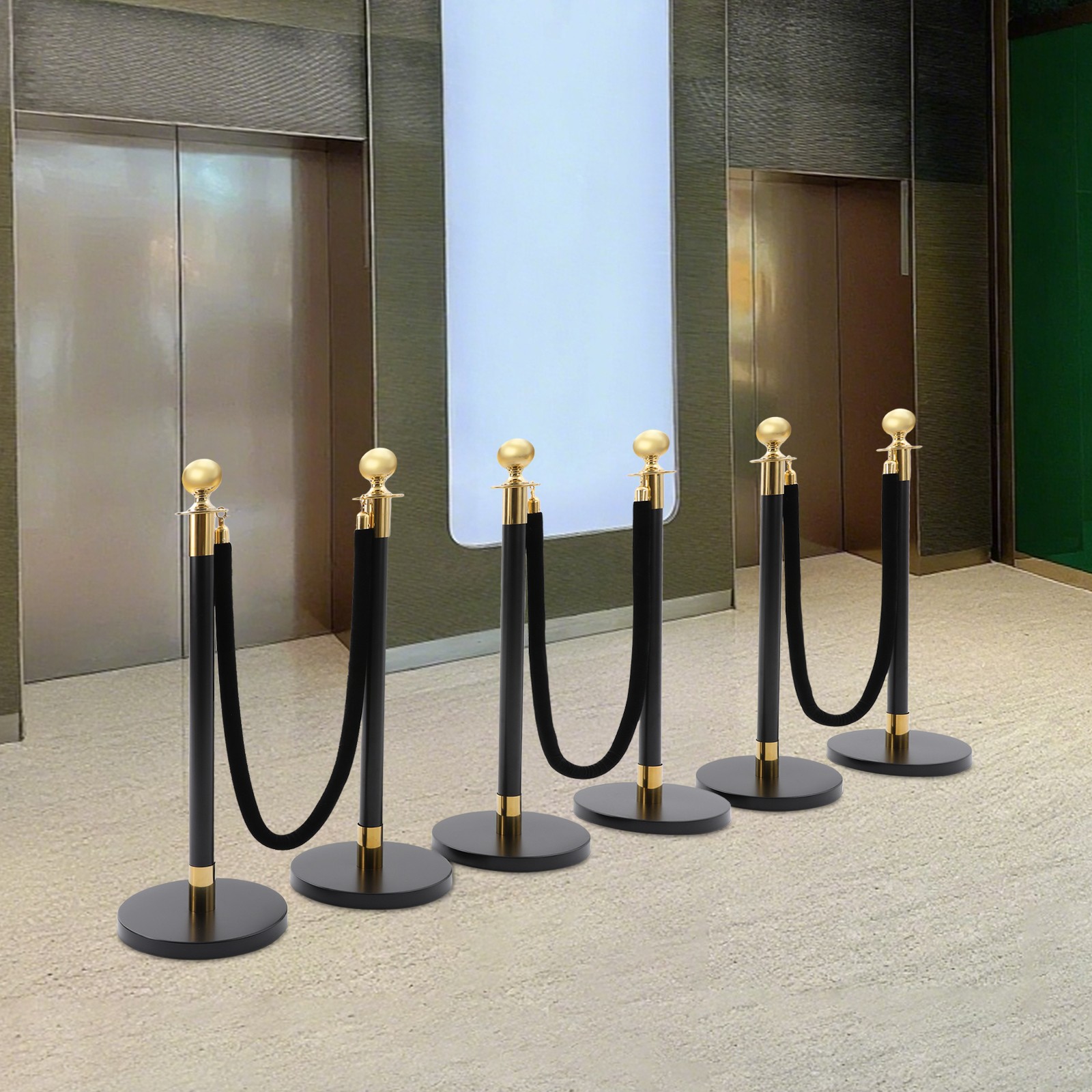 6 PCS Black Stainless Stanchion Posts w/ 4 Ropes Crowd Control Queue Barrier NEW