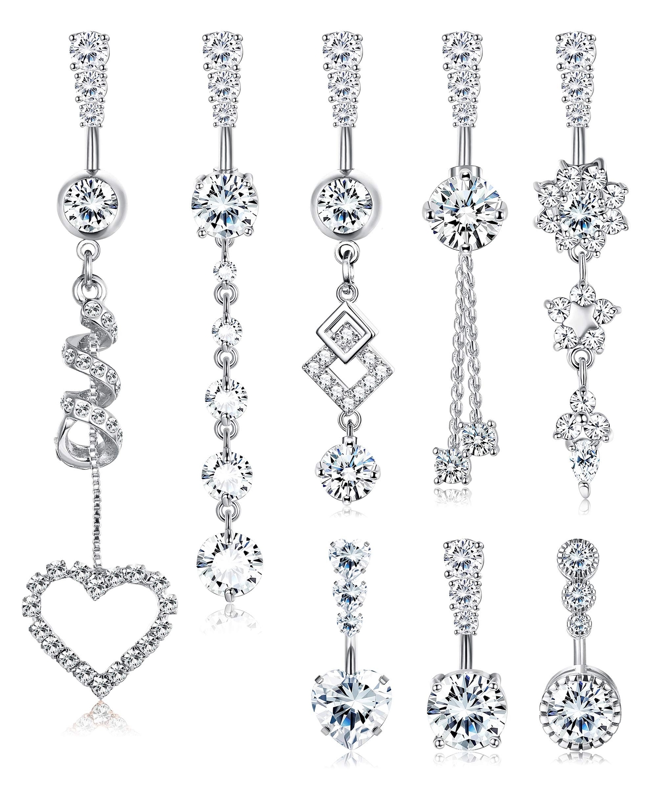 FIBO STEEL 8Pcs Belly Button Ring for Women Dangle Belly Rings Surgical Steel...