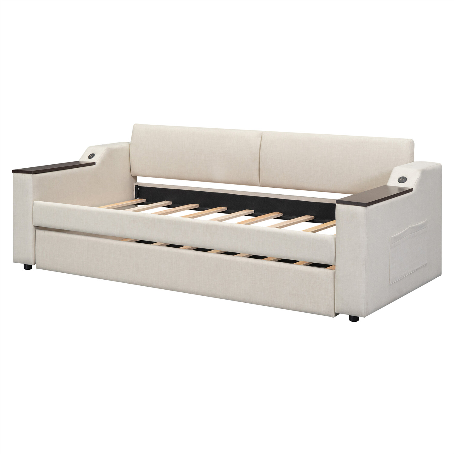 Twin Size Daybed Upholstered Bed Frame Sofa Bed with Trundle Bed Beige