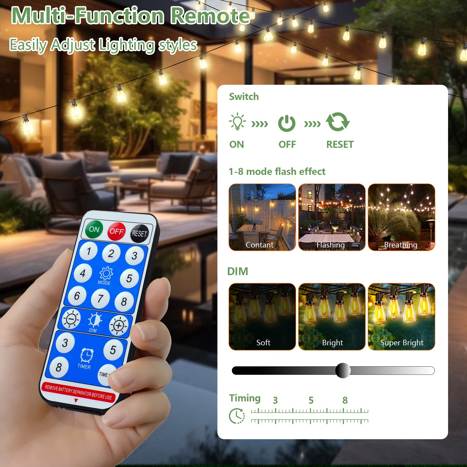 100FT Solar String Lights Outdoor Waterproof Patio w Remote Control 32 ST38 Bulb