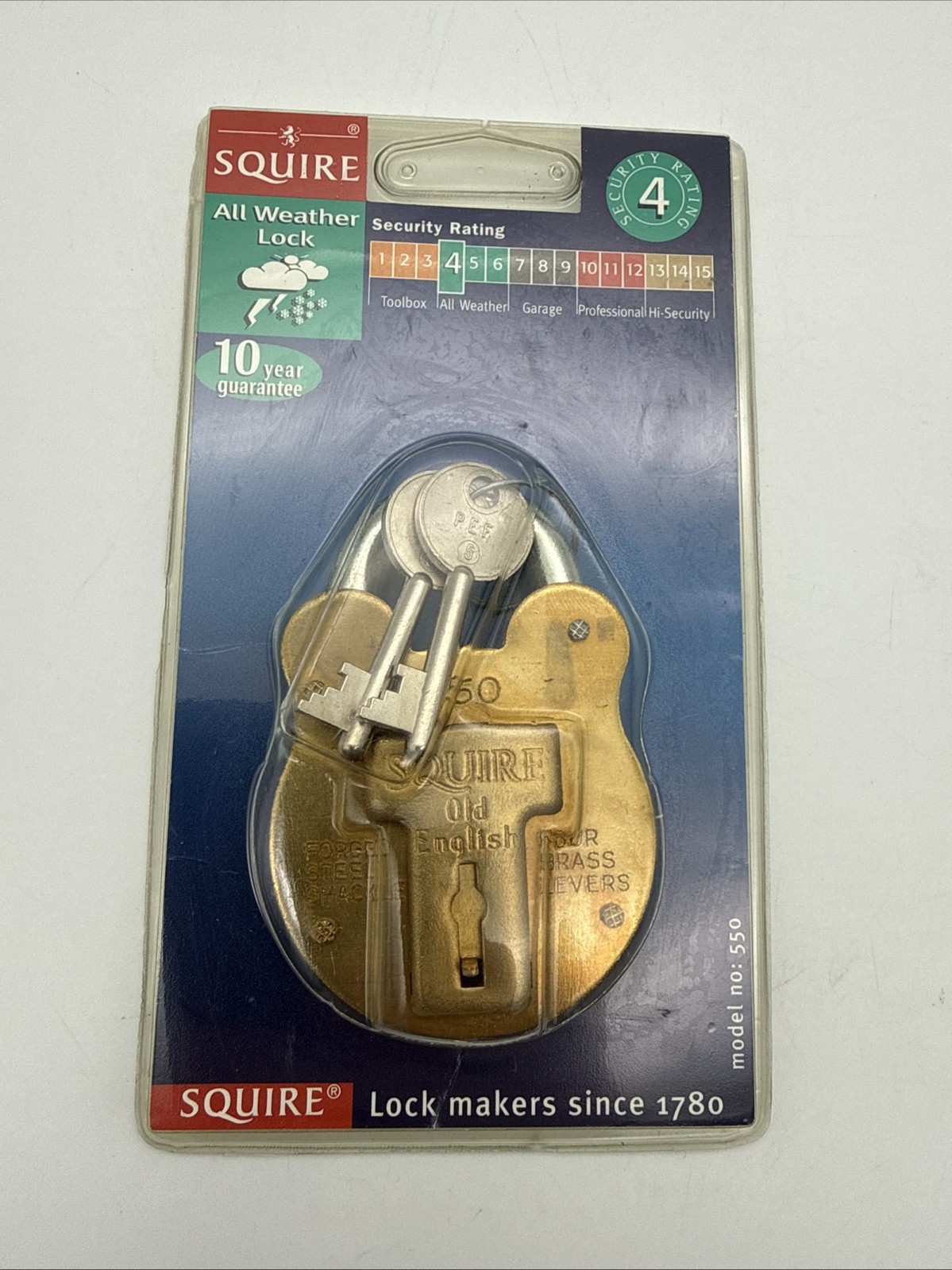 SQUIRE  Old English 550 Padlock Brass Body Forged Steel Shackle 2 Keys NOS