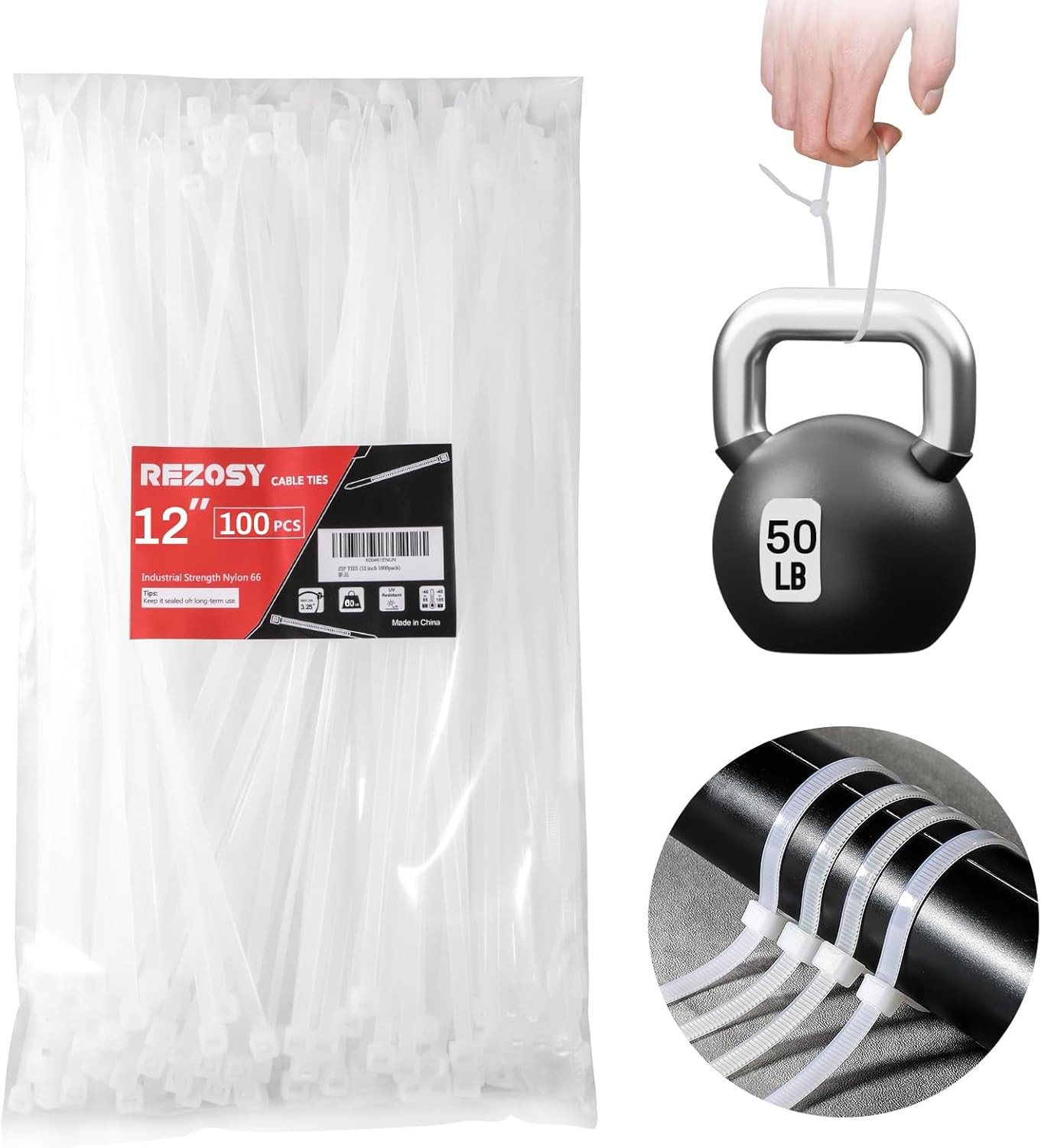 White Zip Ties 12 Inch 100 Pack Clear Tensile Strength 50 lbs UV Resistant Indus