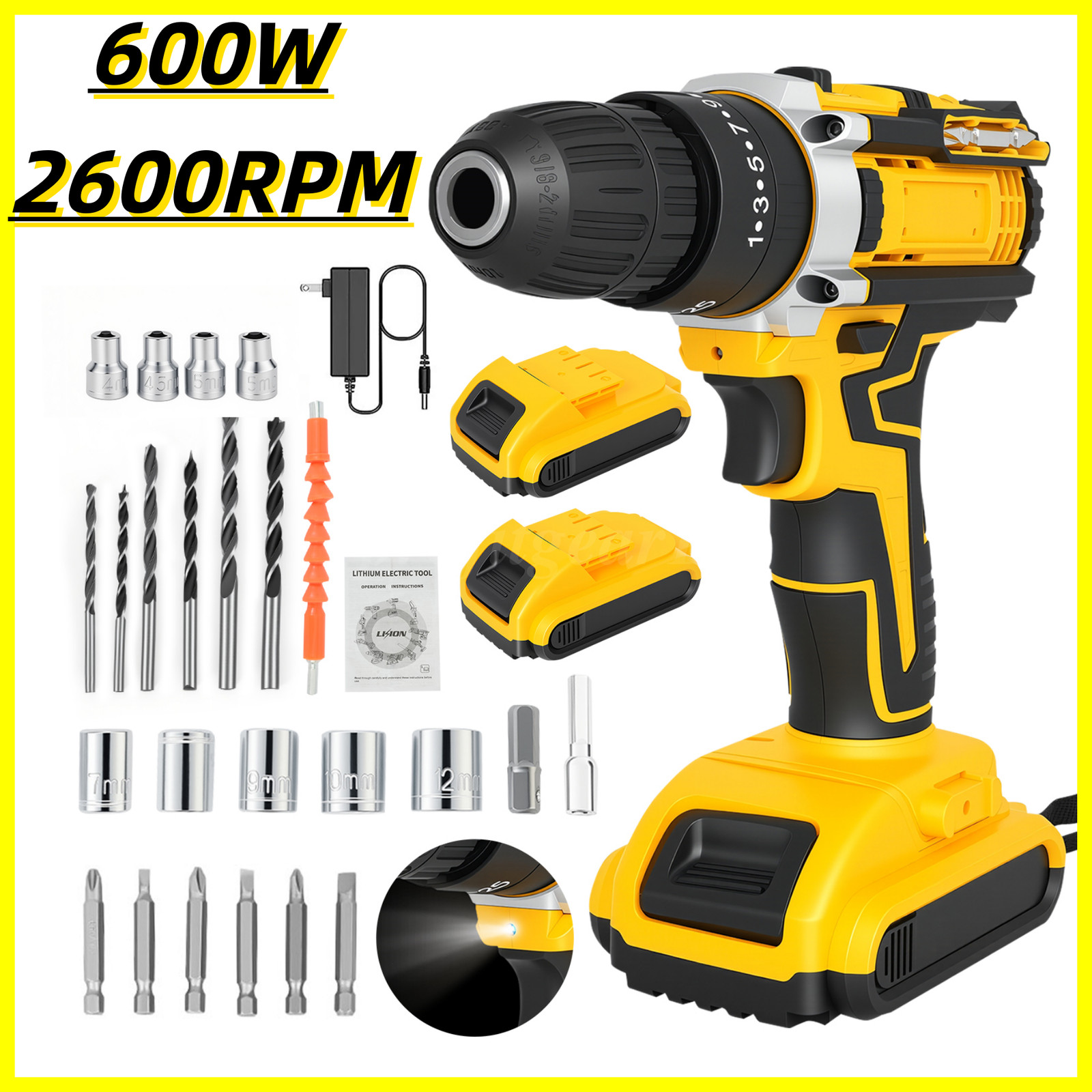 Cordless Brushless Impact Driver Hammer Drill Combo Kit with 2 Battery & Charger