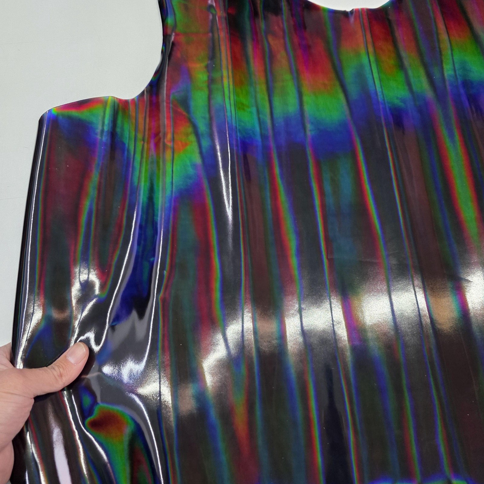 Color Black Iridescent Cow Patent Leather: Holographic Rainbow Glossy Metallic