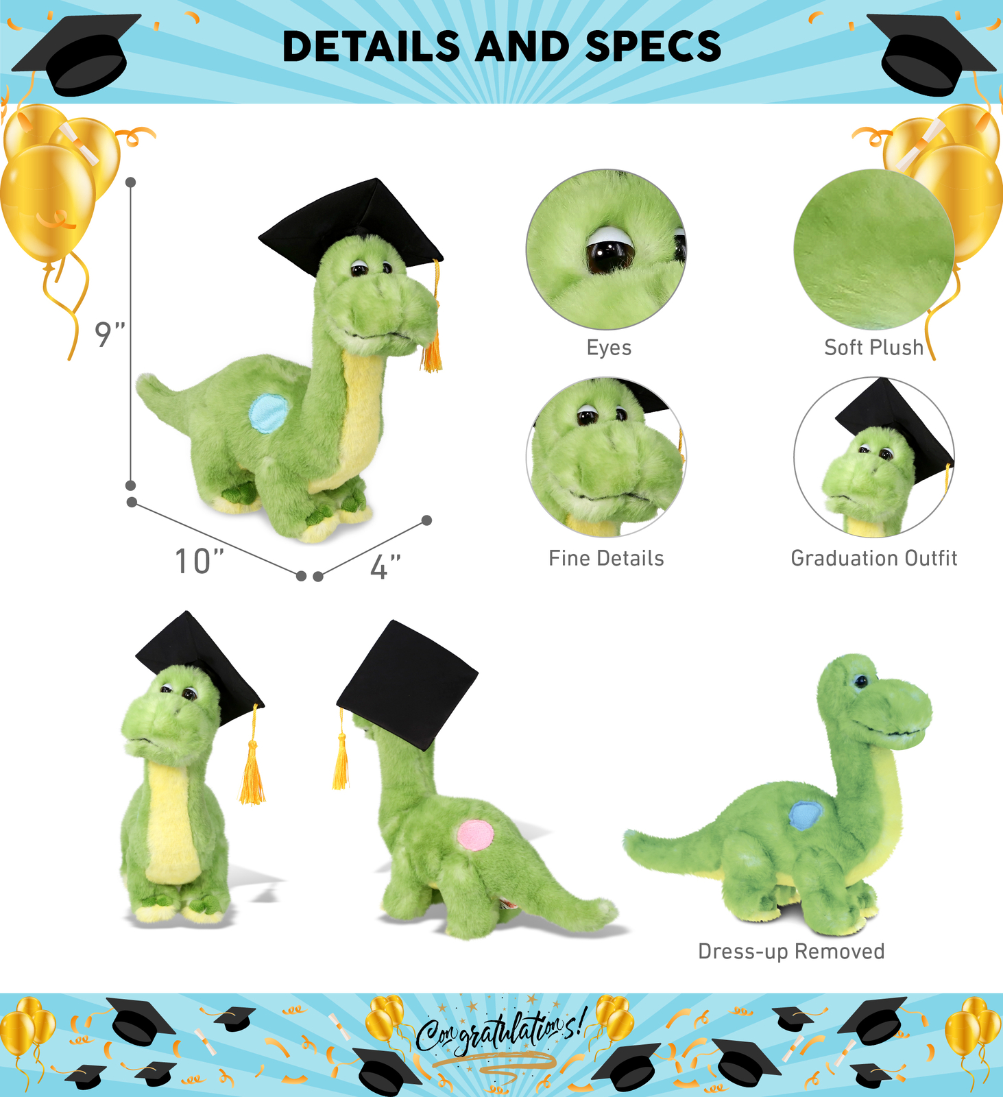PLUSH GRADUATION - SUPER SOFT PLUSH - GREEN DINOSAUR