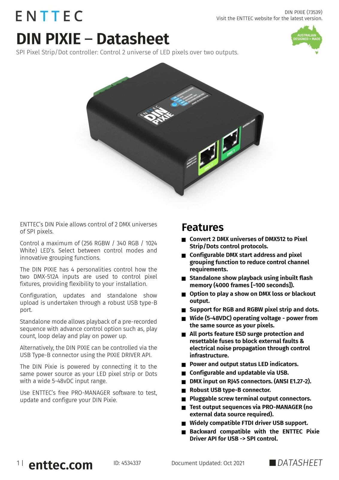 Enttec Din Pixie 73539, 2 Universe DMX LED Pixel Controller