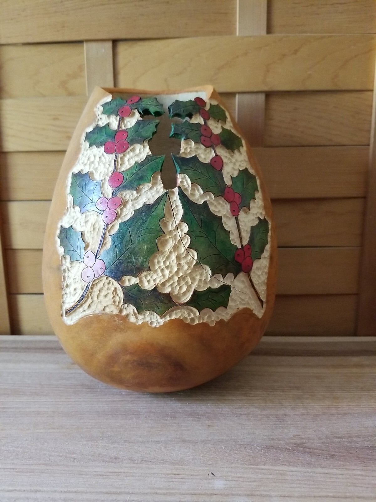 Gourd Art Container Decor Carved Holly Winter Floral Holder Signed