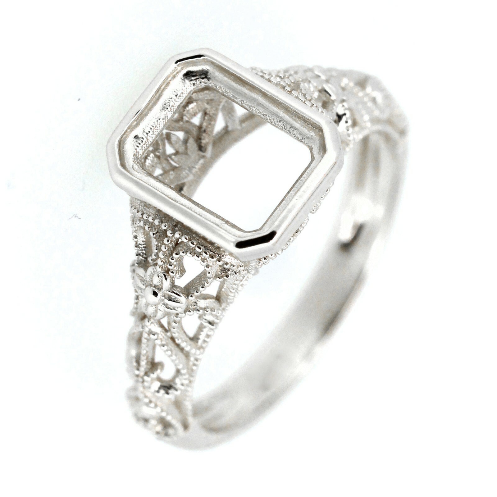 Art Deco Style Sterling Silver Semi Mount Ring Setting Cushion OCT 9x7mm