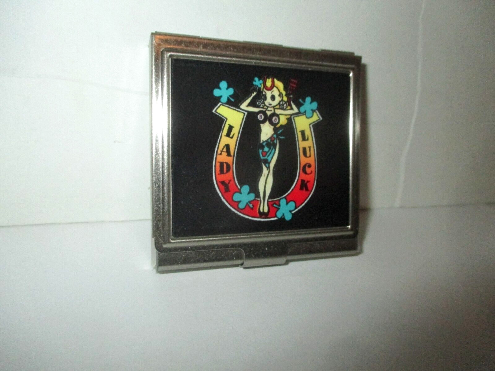 ENCHANTED LANTERN LADY LUCK HORSESHOE 8 BALL BIKINI PINUP GIRL METAL CONDOM CASE