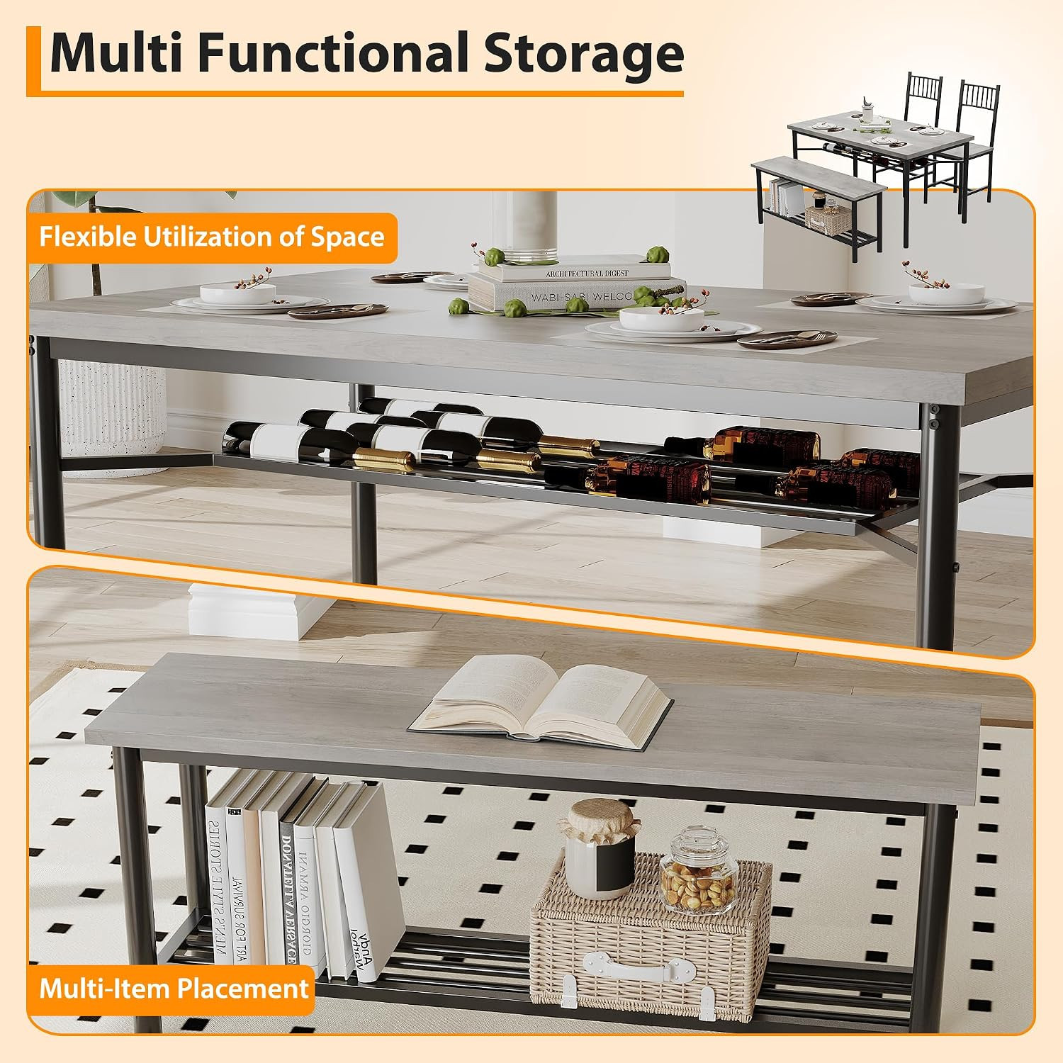 Farmhouse Dining Table Set for 4,Rectangular Kitchen Table with 2 Upholstered Ch