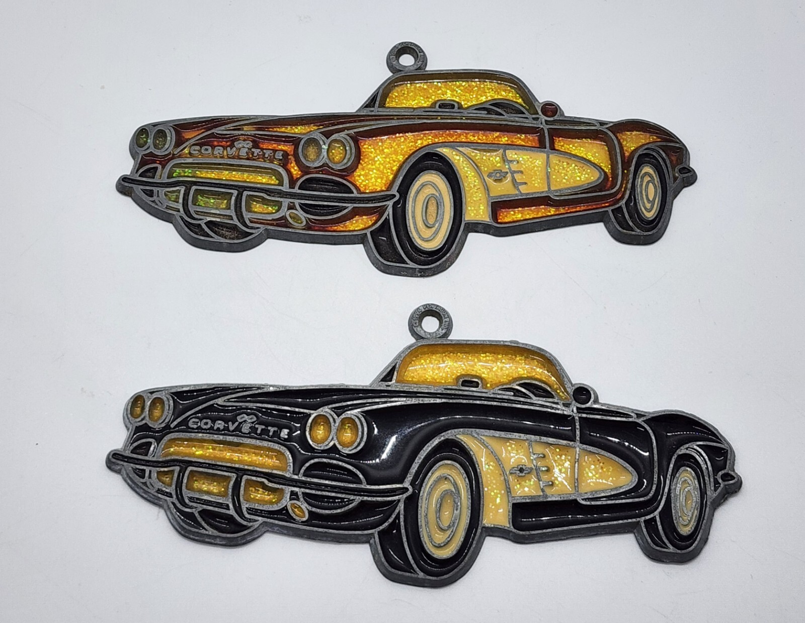 Pair Of Vintage 1994 Pentagon Inc Corvette Car Leaded Glass Window Sun Catchers