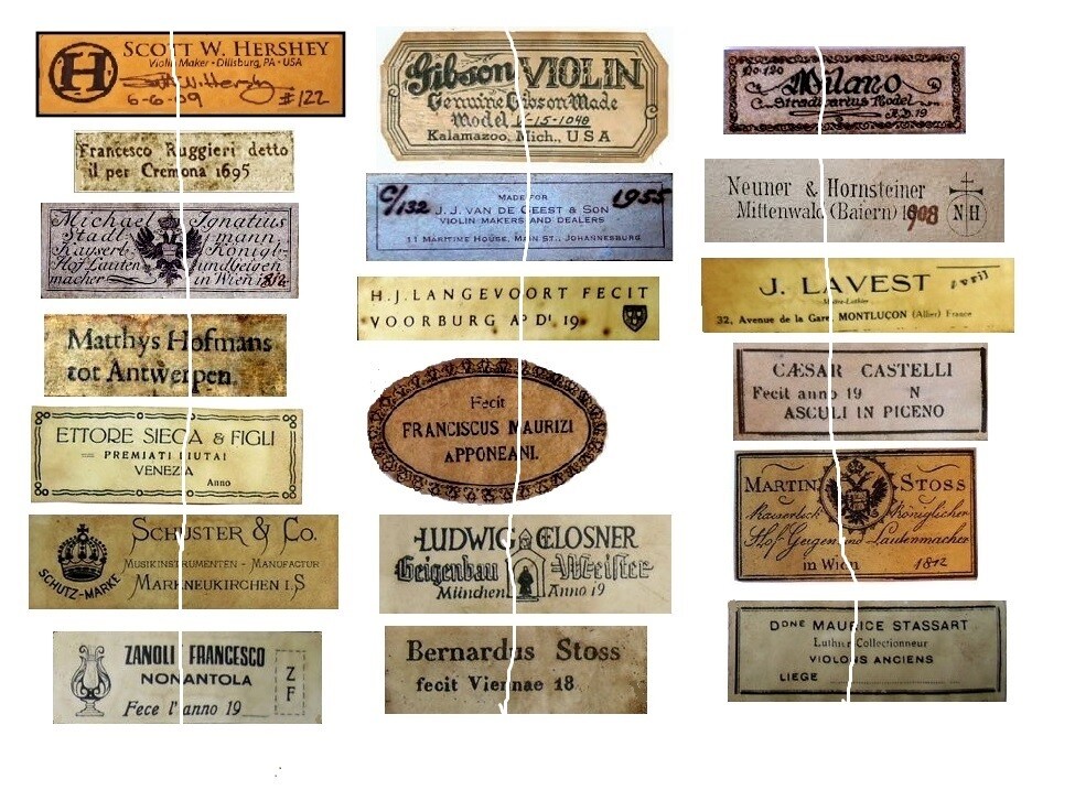 V105 Old Violin Fiddle Maker Labels Antique Copies Reproduction Set of 19