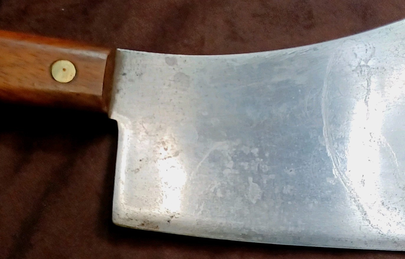 Vtg Very Nice Well Balanced 5.5" Carbon Steel Cleaver, W/ Wood Scales, Unbranded
